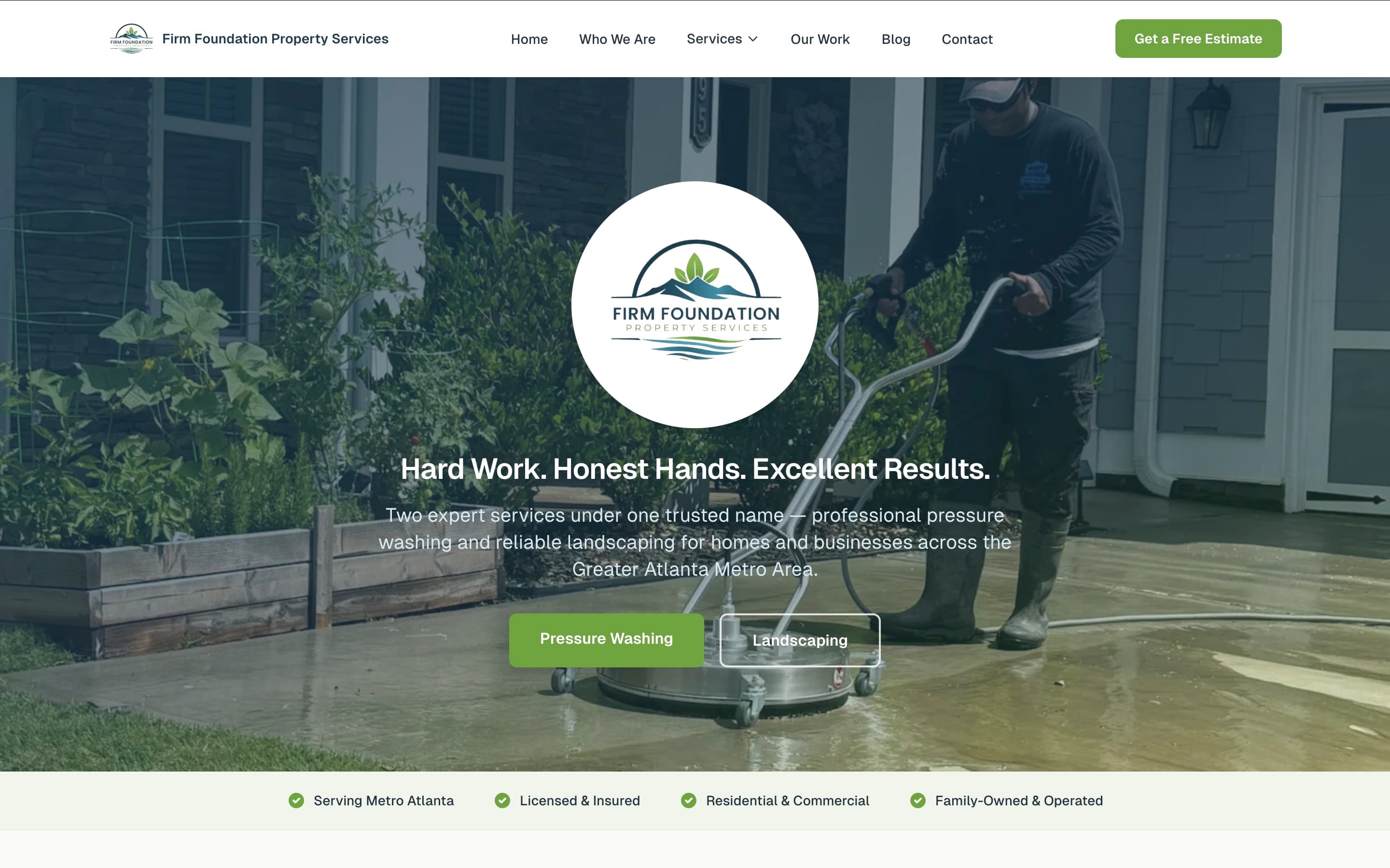 Firm Foundation Property Services homepage — Hard Work. Honest Hands. Excellent Results.