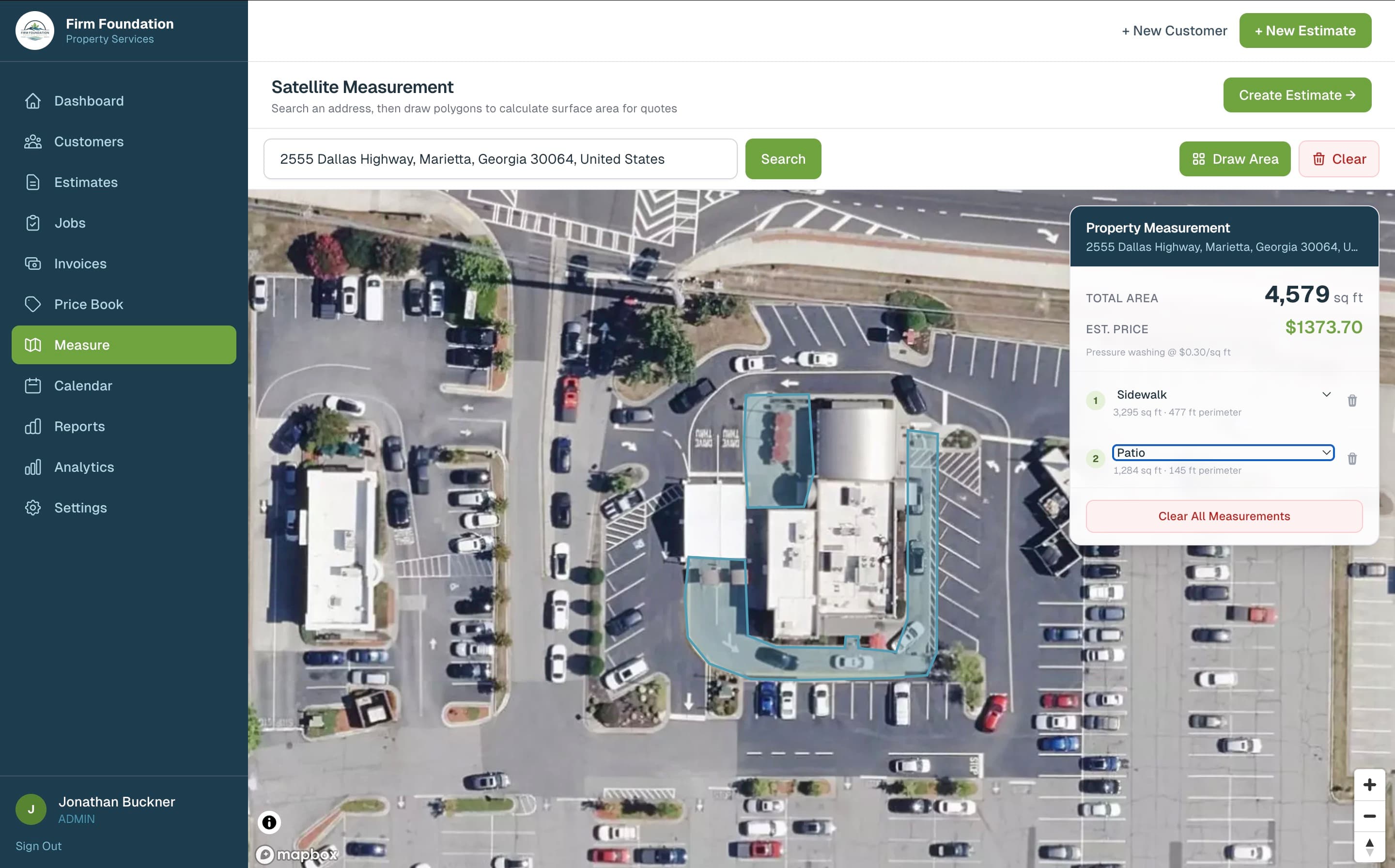 Satellite measurement tool showing polygon drawing over aerial imagery of a commercial property, total area 4,579 sq ft, estimated price $1,373.70