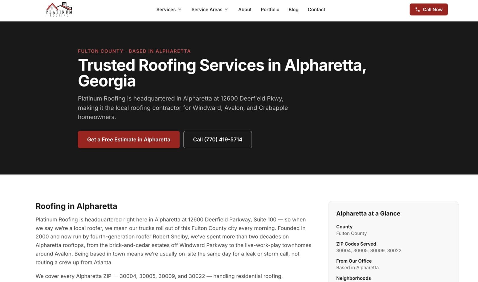 Alpharetta city landing page with neighborhood-specific roofing copy and an at-a-glance ZIP code panel