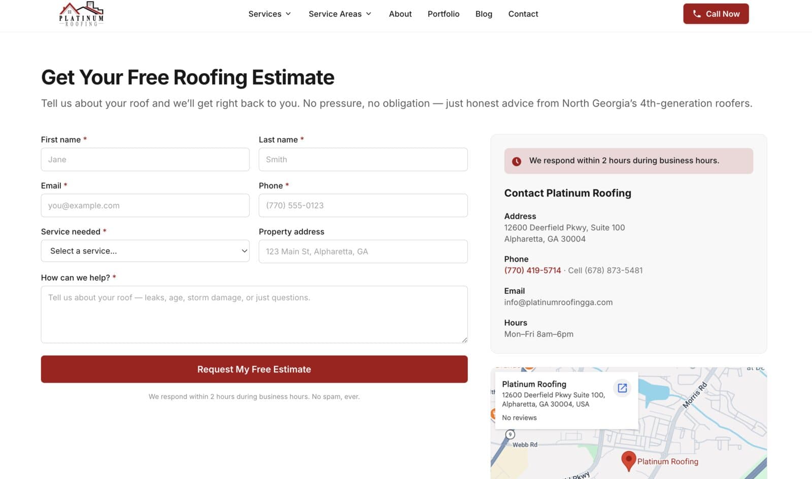 Free roofing estimate contact form with service type, address, and a 2-hour response promise