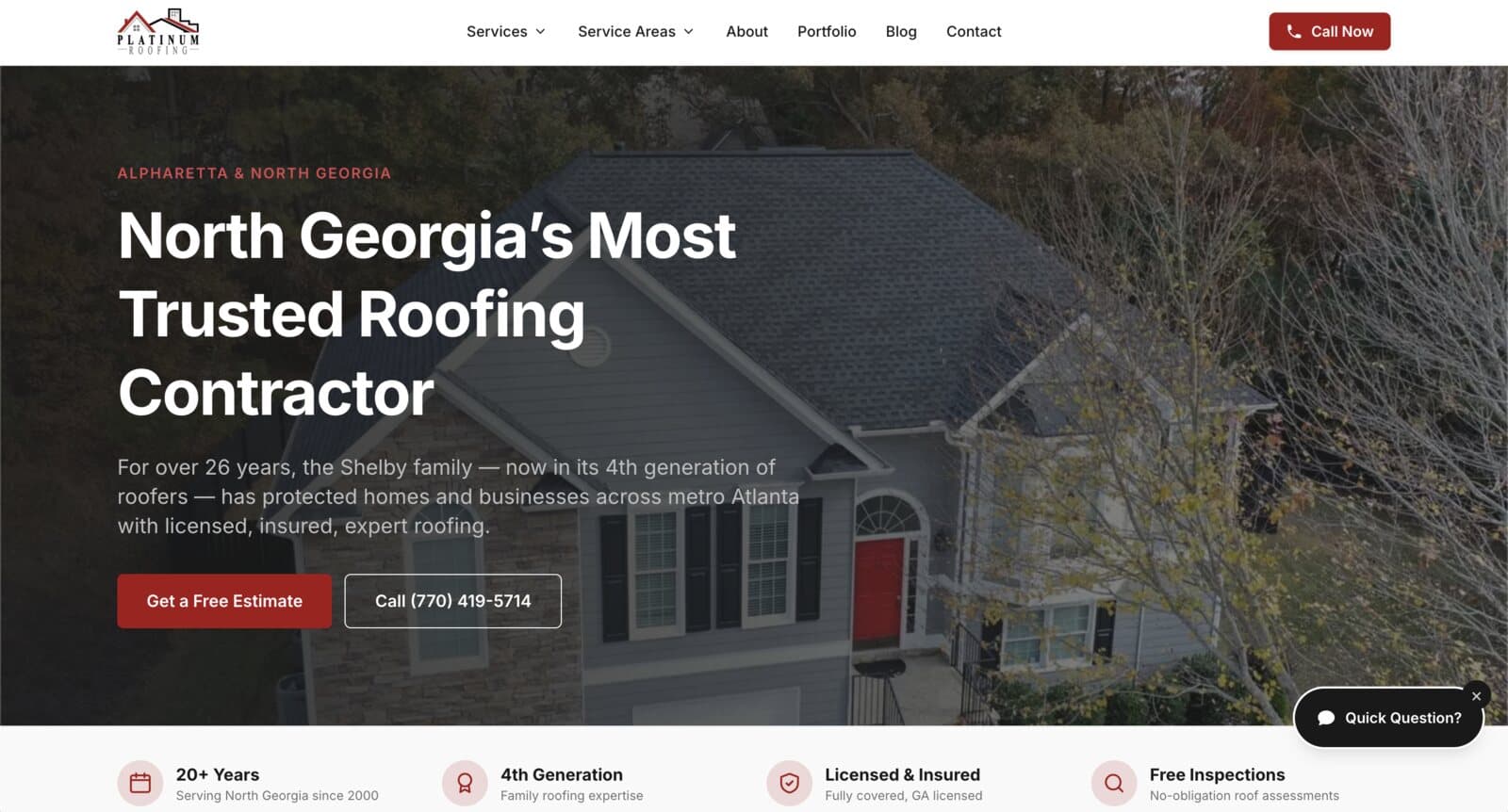 Platinum Roofing homepage hero — North Georgia's most trusted roofing contractor, with free-estimate and call CTAs over a finished roof