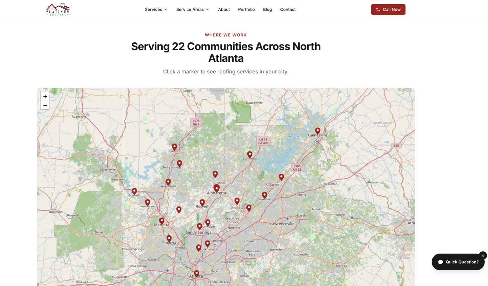 Interactive service-area map showing 22 communities served across North Atlanta