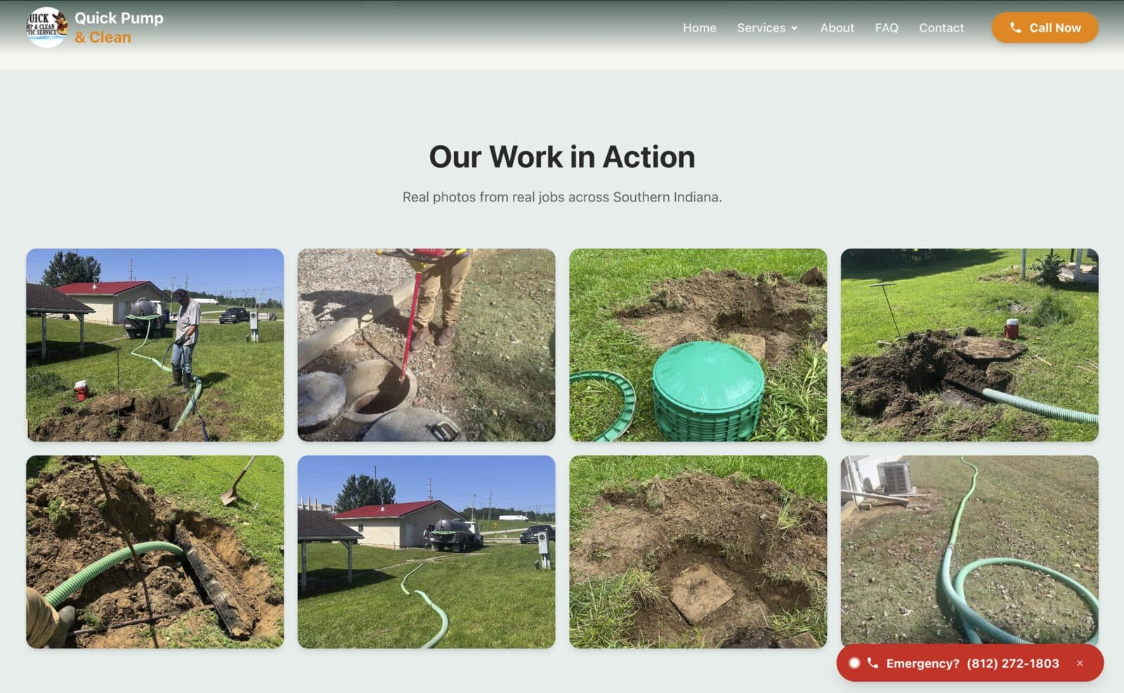 Photo gallery showing real septic service jobs across Southern Indiana