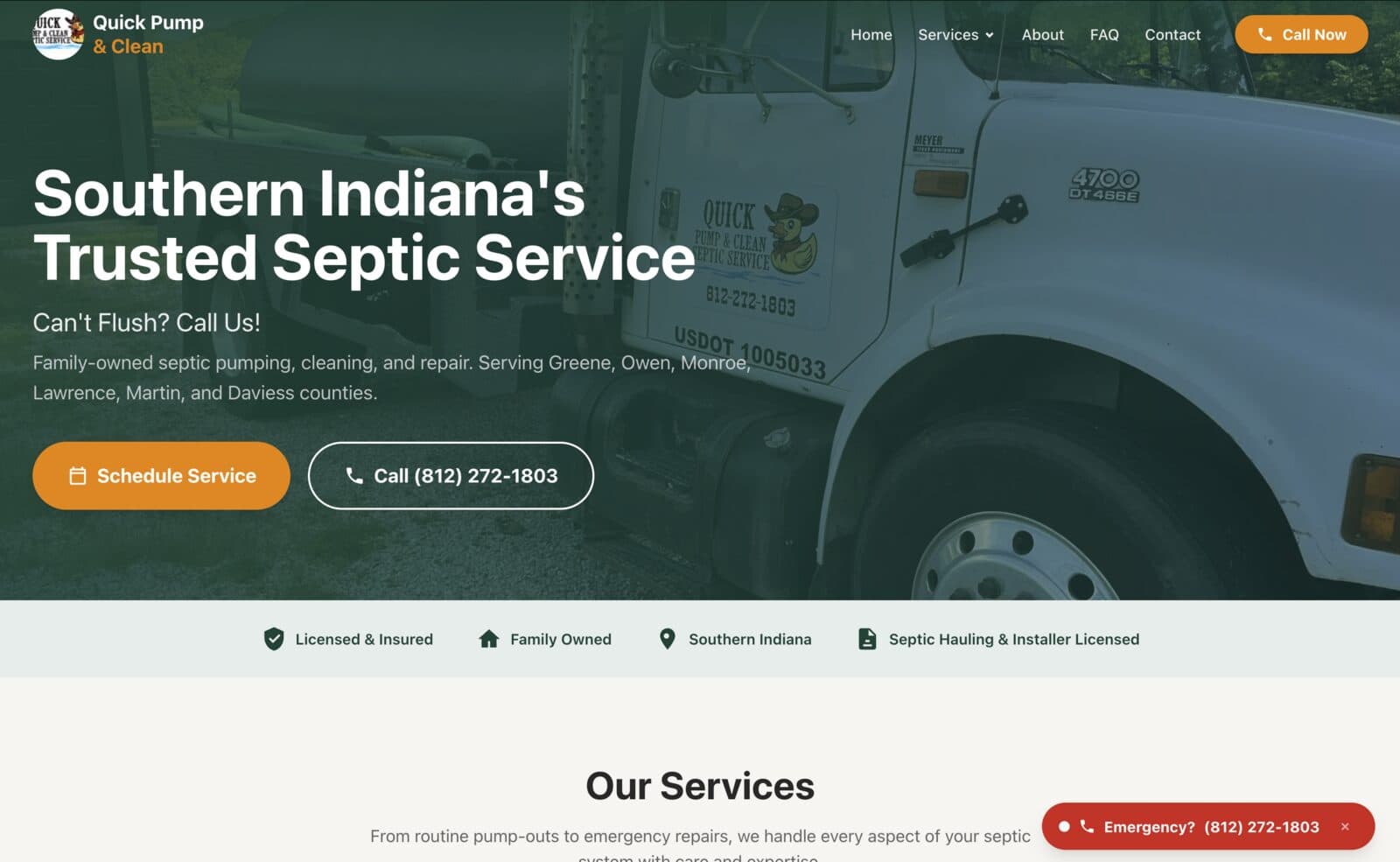 Quick Pump and Clean homepage — custom-built website for a septic service company