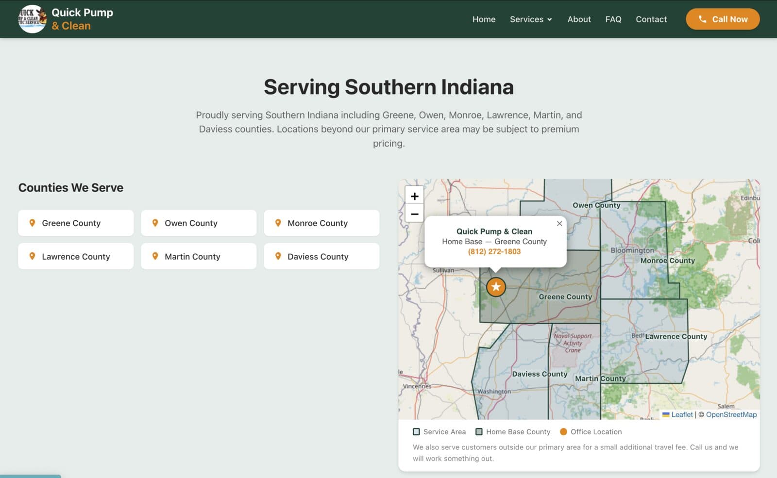 Interactive service area map showing six counties served in Southern Indiana