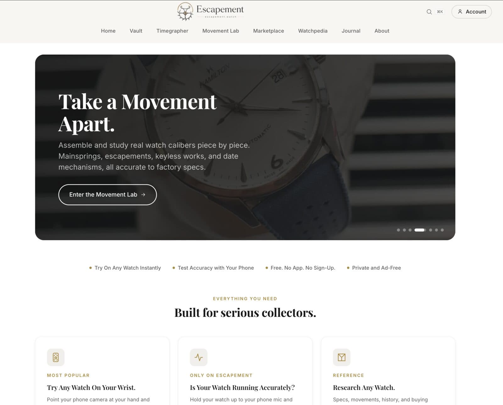 escapement.watch homepage — watch collector toolkit with AR try-on, movement lab, and timegrapher